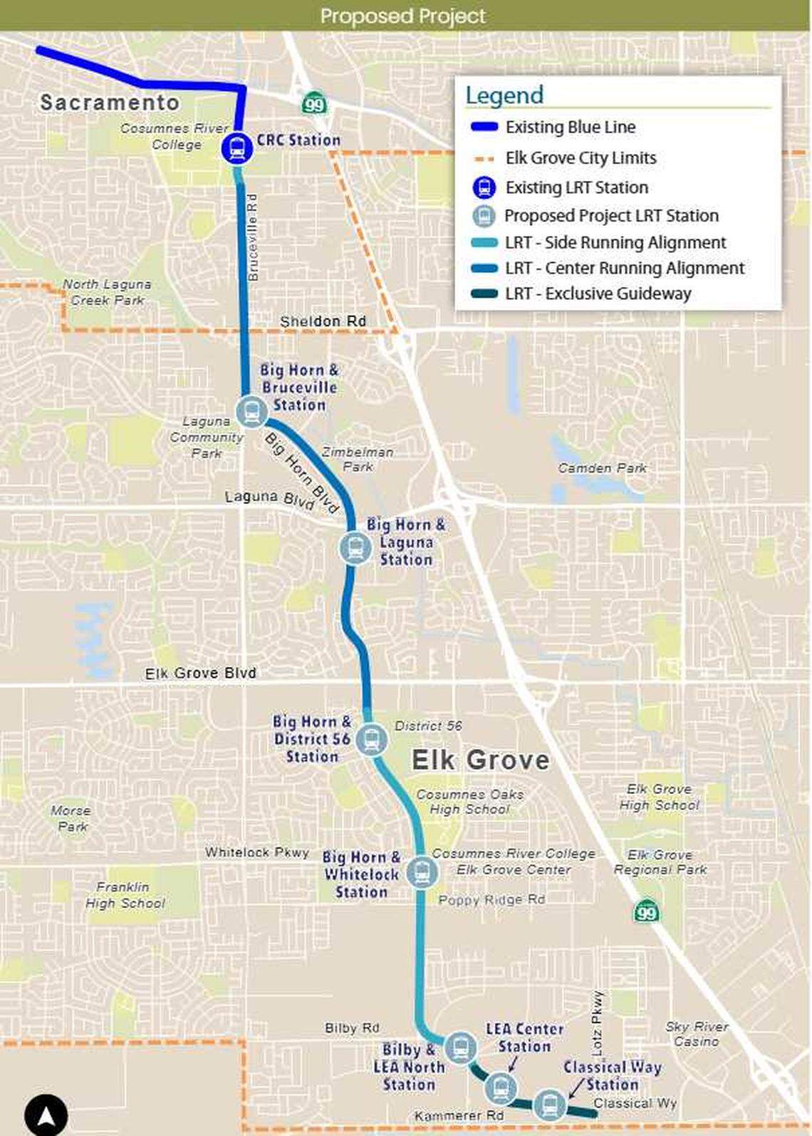 The city of Elk Grove, in partnership with the Sacramento Regional Transit District, released its draft plan for implementing light rail transit and further bus rapid transit in the city. 